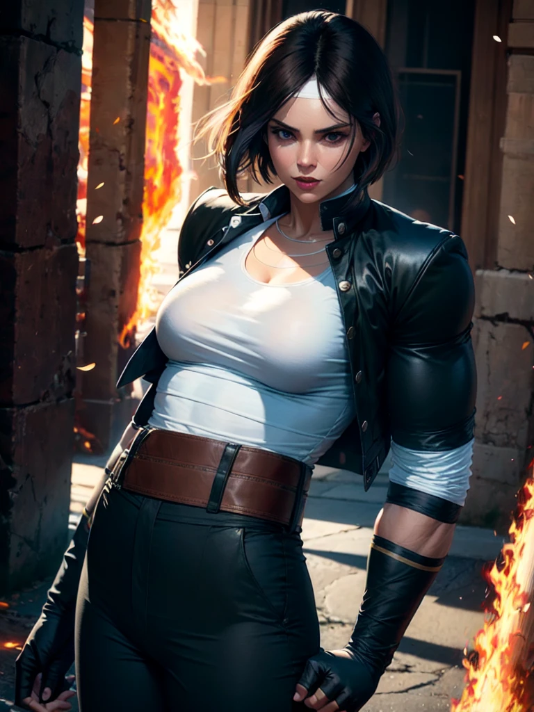 30-year-old woman, alone, alone, athletic, dark hair, white band on her forehead, white short-sleeved shirt, black open short-sleeved jacket, black hip-length pants, thin brown belt, wears black fingerless gloves covering almost his entire forearm, serious look looking at the viewer, fire coming out of his hand, cinematic, ultra sharp focus, award-winning photography, perfect contrast, high sharpness, depth of field, ultra detailed photography, global illumination, fluid, ultra high definition , 8k, Unreal Engine 5, ultra-sharp focus, award-winning photography, art season trends,
