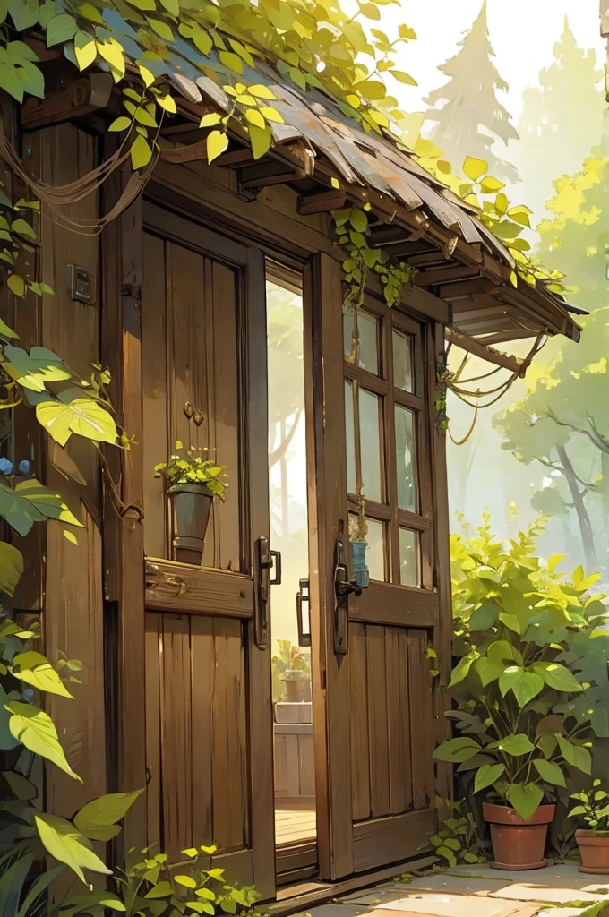 I need a rustic door in the style of a magical fairy with plants and decoration