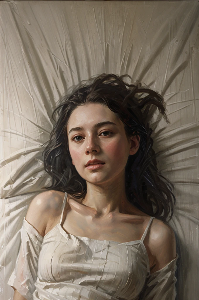 oil painting of a woman lying on a bed with a white sheet, ((ONE WOMAN ONLY)) Nick Alm, Jeremy Lipking, range murata Jeremy Lipking, sargento marshénnikov, Michael Alford, Guillermo Oxer, lying on the bed, Jeremy Lipking full length shot, figurative art, award-winning oil painting, figurative painting, Realistic oil on lino, Jeremy Lipkin, ((Nick Alm style painting))