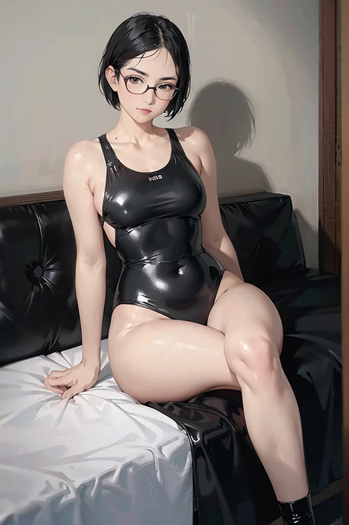 1 female、young、((Short black hair、Black-rimmed glasses))、Small breasts、(BLACK latex one-piece swimsuit)、Sensual look、Sit with your legs apart、Sexy pose、Looking into the camera、On the bed