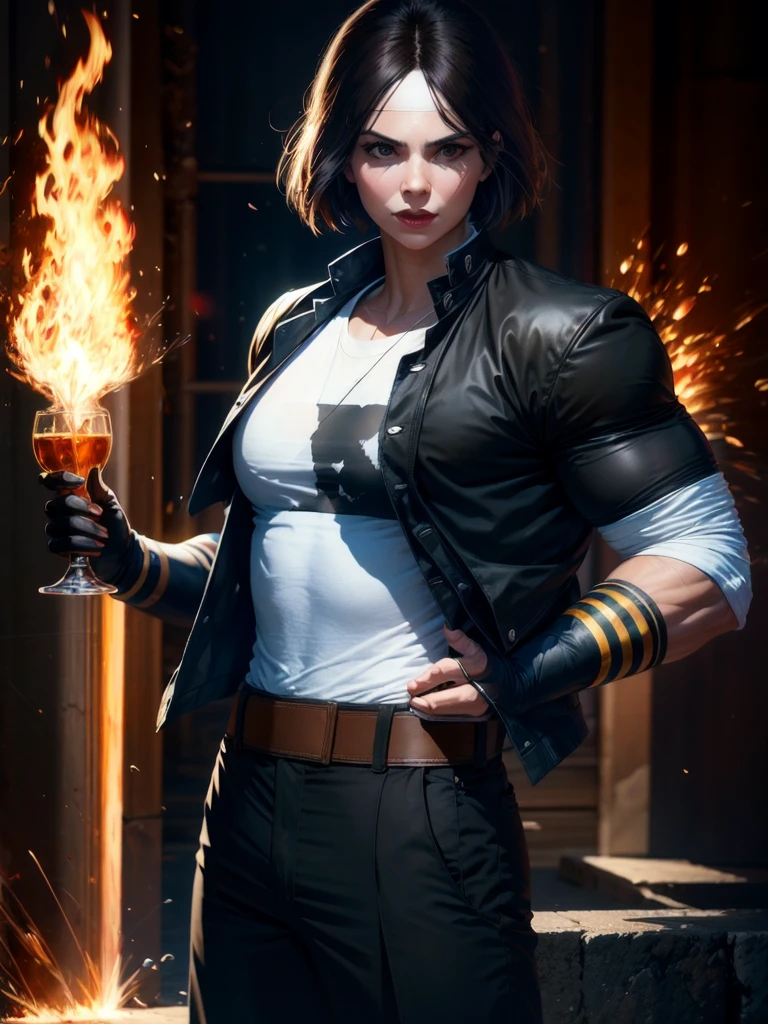 30-year-old woman, alone, alone, athletic, dark hair, white band on her forehead, white short-sleeved shirt, black open short-sleeved jacket, black hip-length pants, thin brown belt, wears black fingerless gloves covering almost his entire forearm, serious look looking at the viewer, fire coming out of his hand, cinematic, ultra sharp focus, award-winning photography, perfect contrast, high sharpness, depth of field, ultra detailed photography, global illumination, fluid, ultra high definition , 8k, Unreal Engine 5, ultra-sharp focus, award-winning photography, art season trends,
