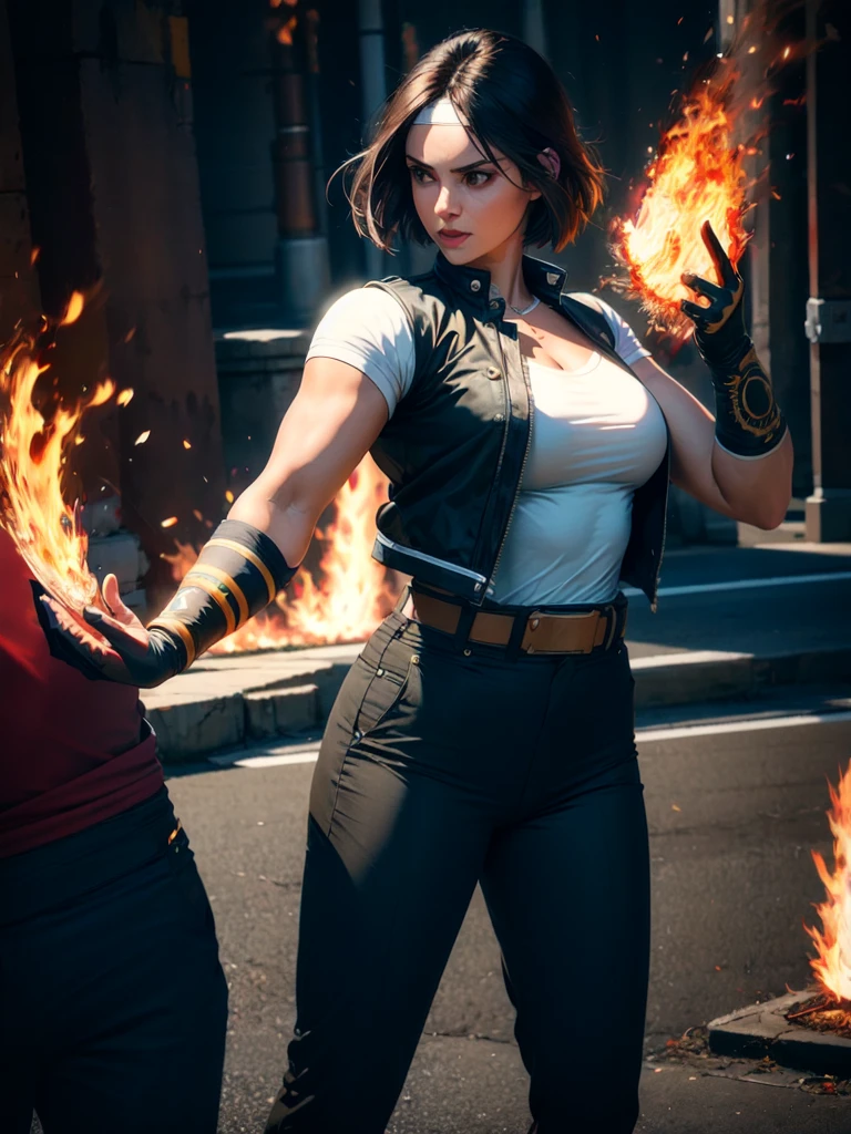 30-year-old woman, alone, alone, athletic, dark hair, white band on her forehead, white short-sleeved shirt, black open short-sleeved jacket, black hip-length pants, thin brown belt, wears black fingerless gloves covering almost his entire forearm, serious look looking at the viewer, fire coming out of his hand, cinematic, ultra sharp focus, award-winning photography, perfect contrast, high sharpness, depth of field, ultra detailed photography, global illumination, fluid, ultra high definition , 8k, Unreal Engine 5, ultra-sharp focus, award-winning photography, art season trends,
