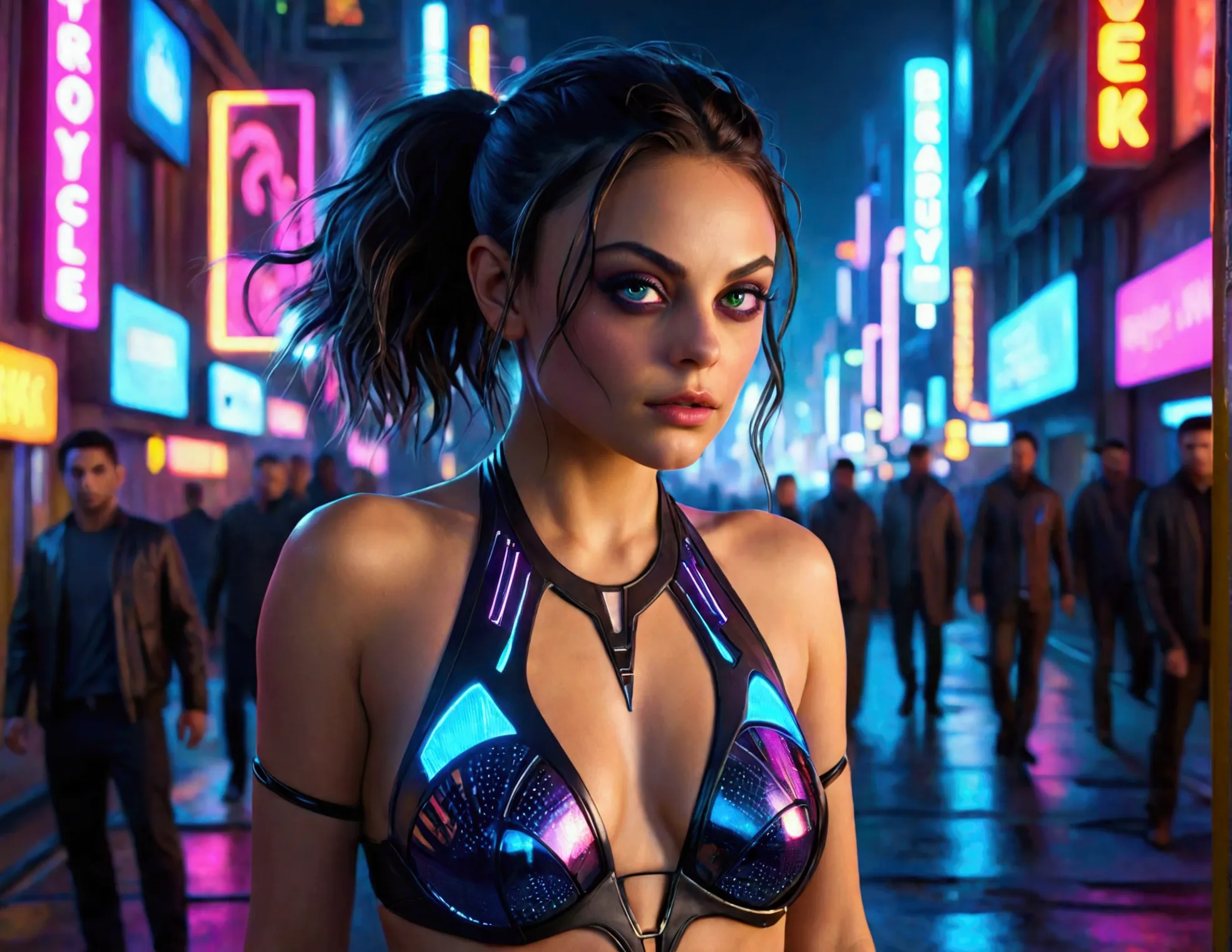 mila kunis,20 years old,skimpy outfit,playful,cyberpunk city,neon lights,high-tech,futuristic cityscape,detailed face,beautiful ...