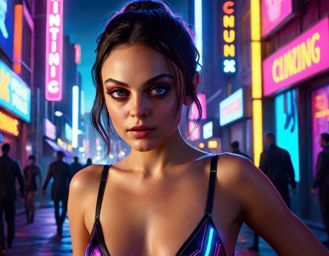 Mila Kunis,20 years old,skimpy outfit,playful,cyberpunk city,neon lights,high-tech,futuristic cityscape,detailed face,beautiful eyes,long eyelashes,detailed facial features,flawless skin,dynamic pose,graceful movements,ultrarealistic,cinematic lighting,vibrant colors,8k,photorealistic,Ray tracing,volumetric lighting,dramatic shadows
