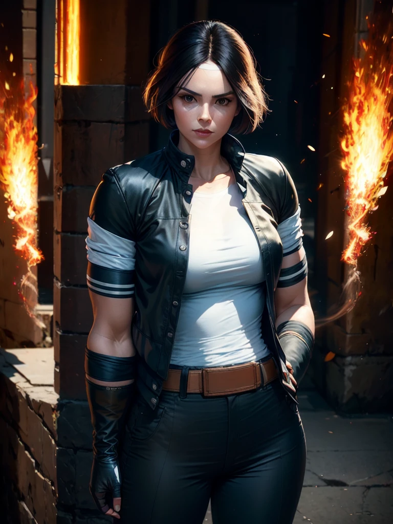 30-year-old woman, alone, alone, athletic, dark hair, white band on her forehead, white short-sleeved shirt, black open short-sleeved jacket, black hip-length pants, thin brown belt, wears black fingerless gloves covering almost his entire forearm, serious look looking at the viewer, fire coming out of his hand, cinematic, ultra sharp focus, award-winning photography, perfect contrast, high sharpness, depth of field, ultra detailed photography, global illumination, fluid, ultra high definition , 8k, Unreal Engine 5, ultra-sharp focus, award-winning photography, art season trends,
