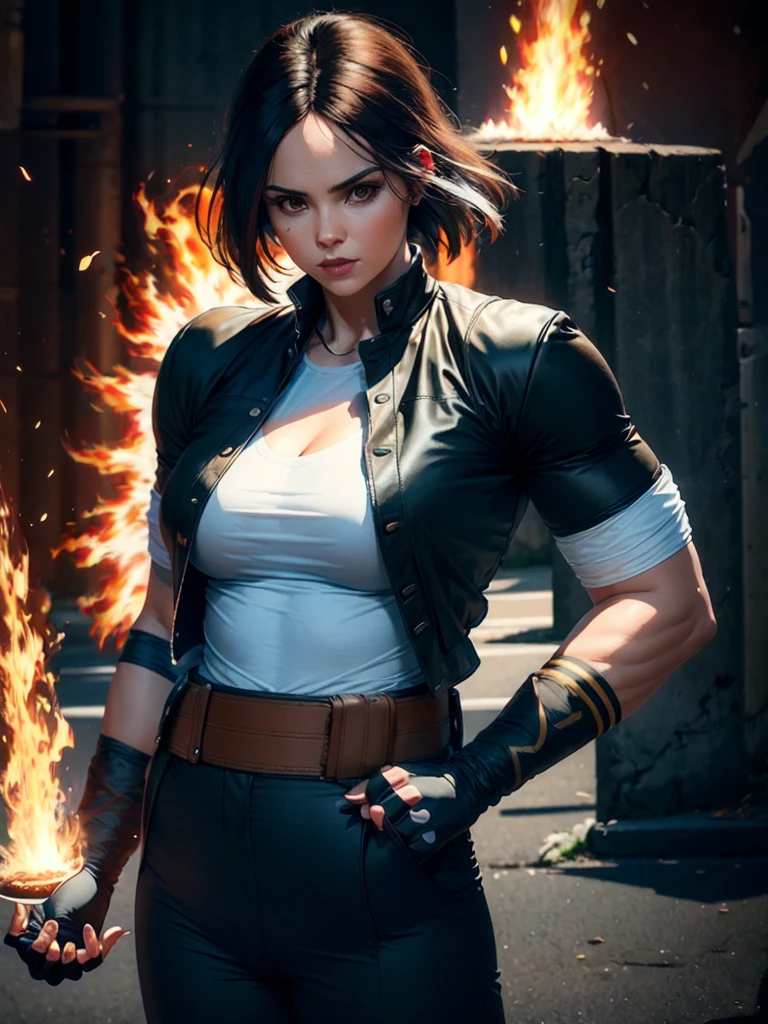 30-year-old woman, alone, alone, athletic, dark hair, white band on her forehead, white short-sleeved shirt, black open short-sleeved jacket, black hip-length pants, thin brown belt, wears black fingerless gloves covering almost his entire forearm, serious look looking at the viewer, fire coming out of his hand, cinematic, ultra sharp focus, award-winning photography, perfect contrast, high sharpness, depth of field, ultra detailed photography, global illumination, fluid, ultra high definition , 8k, Unreal Engine 5, ultra-sharp focus, award-winning photography, art season trends,
