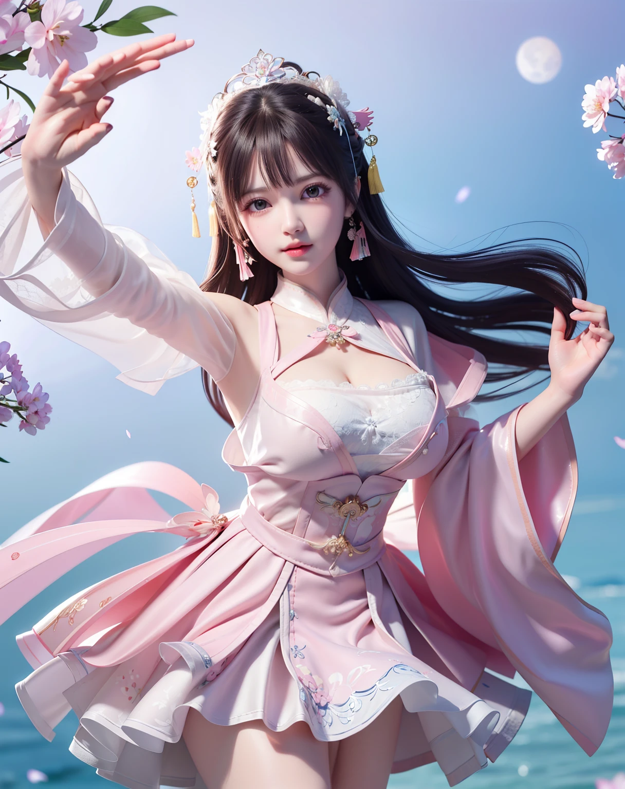 (8k, RAW photo:1.2), best quality, ultra high res,dramatic angle,(fluttered detailed color splashs), (illustration),(((1 girl))),(long hair),(rain:0.9), (Headdress:1.4),There is an ancient palace beside the girl,Hanfu,(Key Points),Color ink painting,(Splash of Color),Splash of Color,(((colorful))),(sketch:0.8) , Masterpiece, best quality, beautiful painted, highly detailed,(denoising:0.6),[splash ink],((ink refraction)), (beautiful detailed sky),moon,highly,detaild,(masterpiece, best quality, extremely detailed） CG Unity 8k Wallpaper，masterpiece，best quality，Ultra Detailed），（Lycoris）.shoulder ballet dress open V-chested clothes Thin silk lace dress short skirt , (huge ，cleavage),, white pink, blue ，best qualtiy，tmasterpiece，Ultra-high resolution，（Reality：1.4），RAW photogr，（True skin texture：1.3），（filmgrain：1.3），（Selfie angle），1个Giant Breast Girl，Beautiful eye and face details，tmasterpiece，Best quality at best，，The chest more exposed， detailed hair, bra pink , detail 8k, full body, lace petticoat. play guzheng