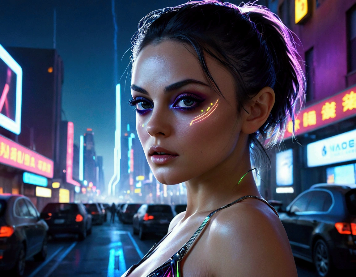 Mila Kunis,20 years old,skimpy outfit,playful,cyberpunk city,neon lights,high-tech,futuristic cityscape,detailed face,beautiful eyes,long eyelashes,detailed facial features,flawless skin,dynamic pose,graceful movements,ultrarealistic,cinematic lighting,vibrant colors,8k,photorealistic,Ray tracing,volumetric lighting,dramatic shadows
