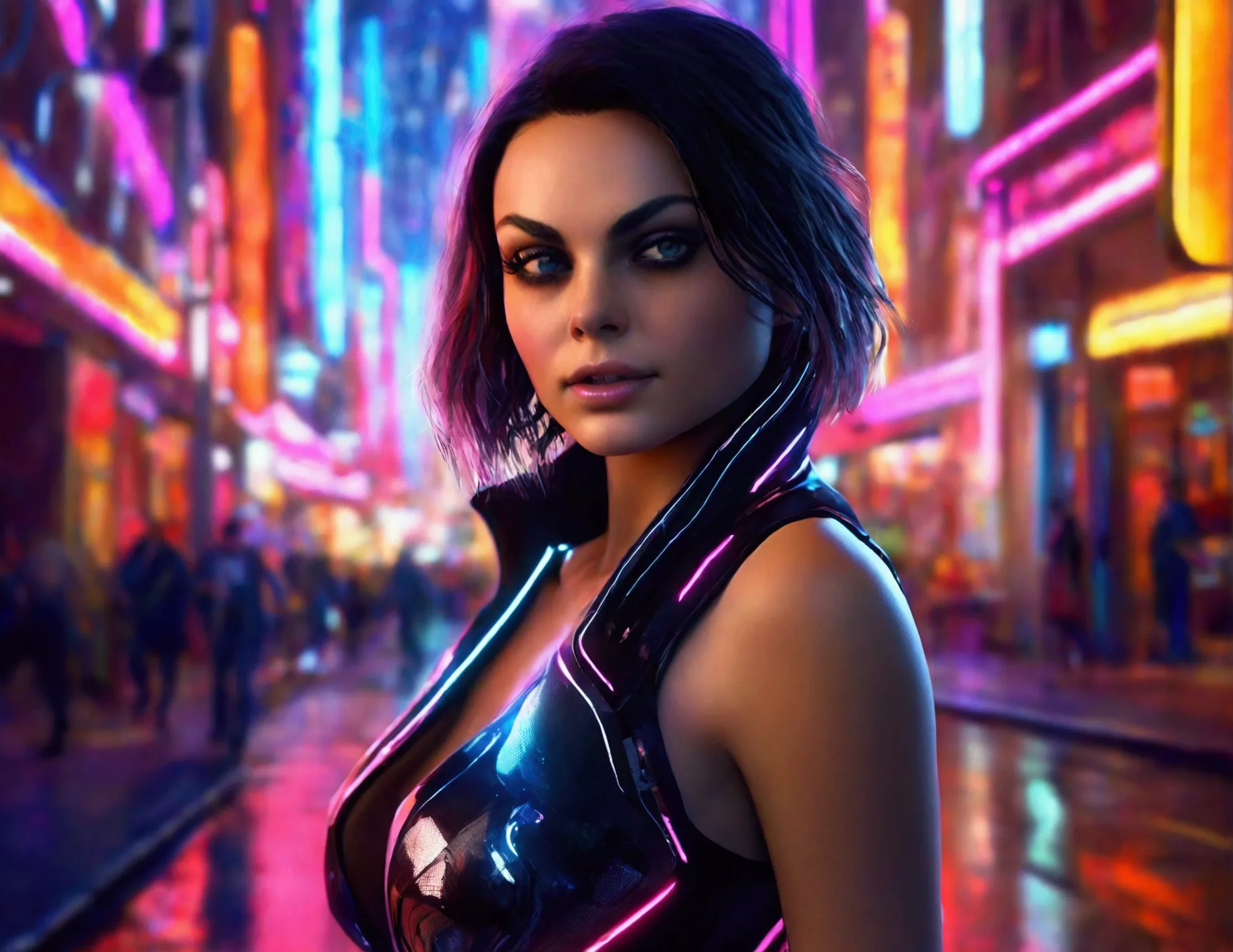 mila kunis,20 years old,skimpy outfit,playful,cyberpunk city,neon lights,high-tech,futuristic cityscape,detailed face,beautiful ...