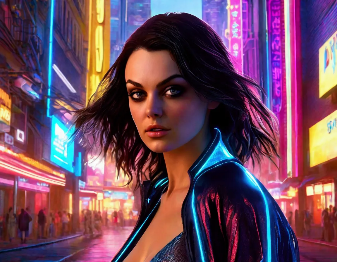 mila kunis,20 years old,skimpy outfit,playful,cyberpunk city,neon lights,high-tech,futuristic cityscape,detailed face,beautiful ...