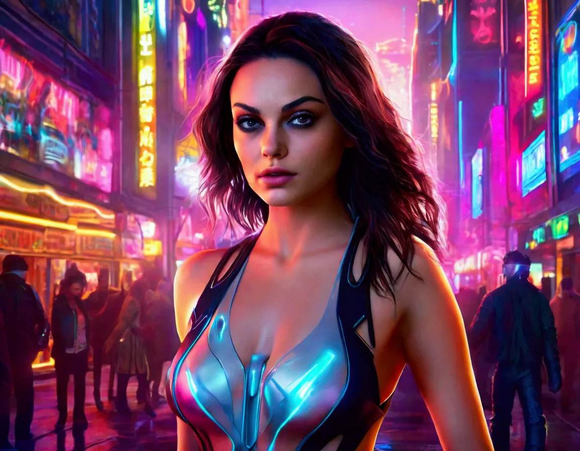 mila kunis,20 years old,skimpy outfit,playful,cyberpunk city,neon lights,high-tech,futuristic cityscape,detailed face,beautiful ...