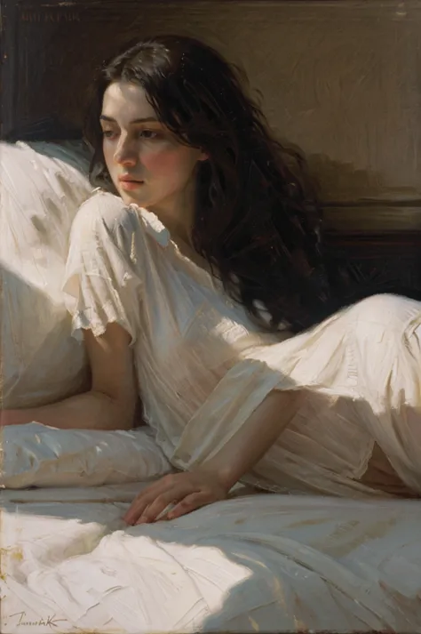 oil painting of a woman lying on a bed with a white sheet, ((one woman only)) nick alm, jeremy lipking, range murata jeremy lipk...