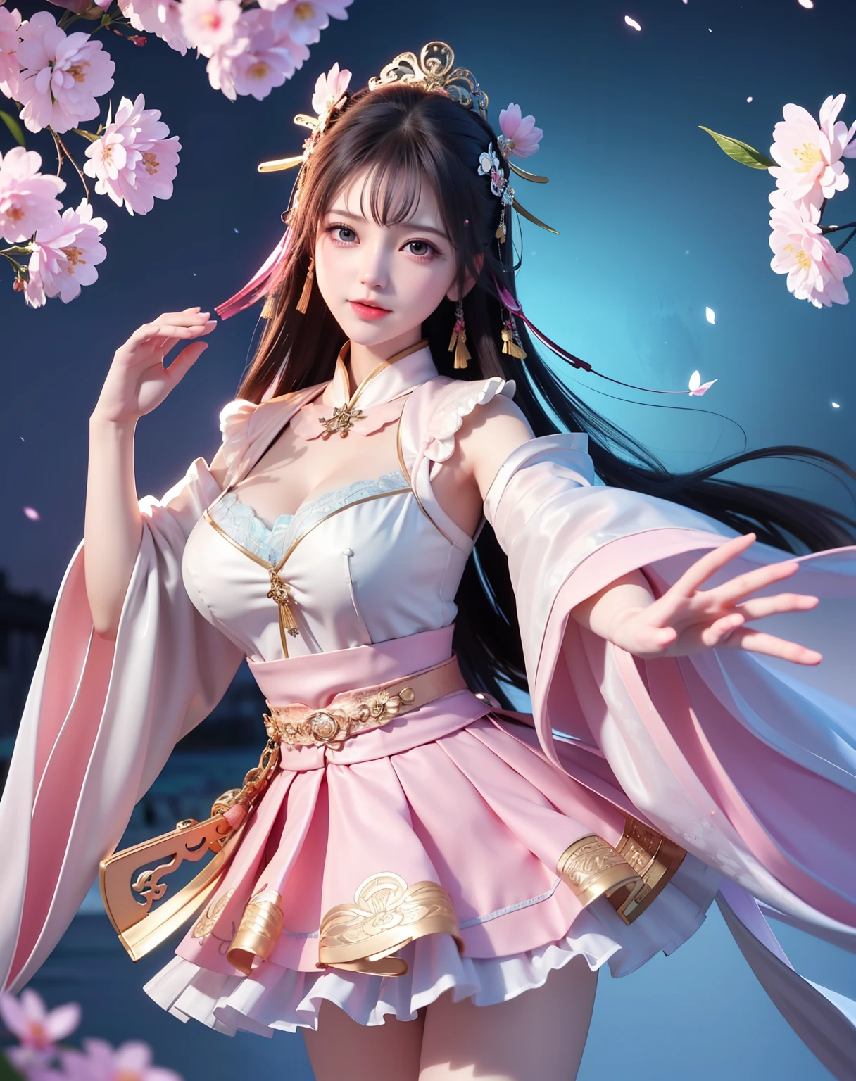 (8k, RAW photo:1.2), best quality, ultra high res,dramatic angle,(fluttered detailed color splashs), (illustration),(((1 girl))),(long hair),(rain:0.9), (Headdress:1.4),There is an ancient palace beside the girl,Hanfu,(Key Points),Color ink painting,(Splash of Color),Splash of Color,(((colorful))),(sketch:0.8) , Masterpiece, best quality, beautiful painted, highly detailed,(denoising:0.6),[splash ink],((ink refraction)), (beautiful detailed sky),moon,highly,detaild,(masterpiece, best quality, extremely detailed） CG Unity 8k Wallpaper，masterpiece，best quality，Ultra Detailed），（Lycoris）.shoulder ballet dress open V-chested clothes Thin silk lace dress short skirt , (huge ，cleavage),, white pink, blue ，best qualtiy，tmasterpiece，Ultra-high resolution，（Reality：1.4），RAW photogr，（True skin texture：1.3），（filmgrain：1.3），（Selfie angle），1个Giant Breast Girl，Beautiful eye and face details，tmasterpiece，Best quality at best，，The chest more exposed， detailed hair, bra pink , detail 8k, full body, lace petticoat. play guzheng