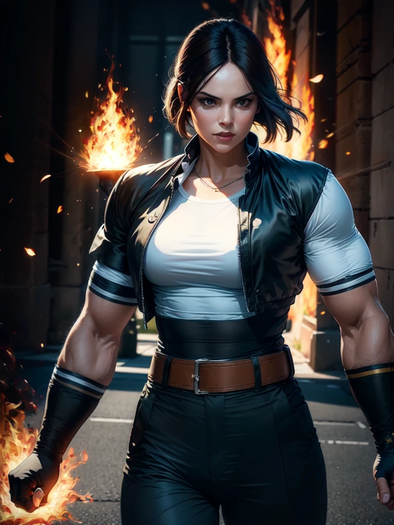 30-year-old woman, alone, alone, athletic, sexy, dark hair, white band on her forehead, white short-sleeved shirt, open short-sleeved black jacket, black hip-length pants, thin brown belt, wears fingerless gloves black color that covers almost his entire forearm, serious look looking at the viewer, fire coming out of his hand, cinematic, ultra sharp focus, award-winning photography, perfect contrast, high sharpness, depth of field, ultra detailed photography, global illumination, fluid, ultra High Definition, 8k, Unreal Engine 5, Ultra Sharp Focus, Award Winning Photography, Art Season Trends,
