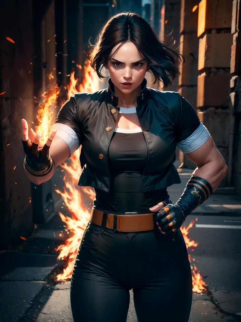 30-year-old woman, alone, alone, athletic, sexy, dark hair, white band on her forehead, white short-sleeved shirt, open short-sleeved black jacket, black hip-length pants, thin brown belt, wears fingerless gloves black color that covers almost his entire forearm, serious look looking at the viewer, fire coming out of his hand, cinematic, ultra sharp focus, award-winning photography, perfect contrast, high sharpness, depth of field, ultra detailed photography, global illumination, fluid, ultra High Definition, 8k, Unreal Engine 5, Ultra Sharp Focus, Award Winning Photography, Art Season Trends,
