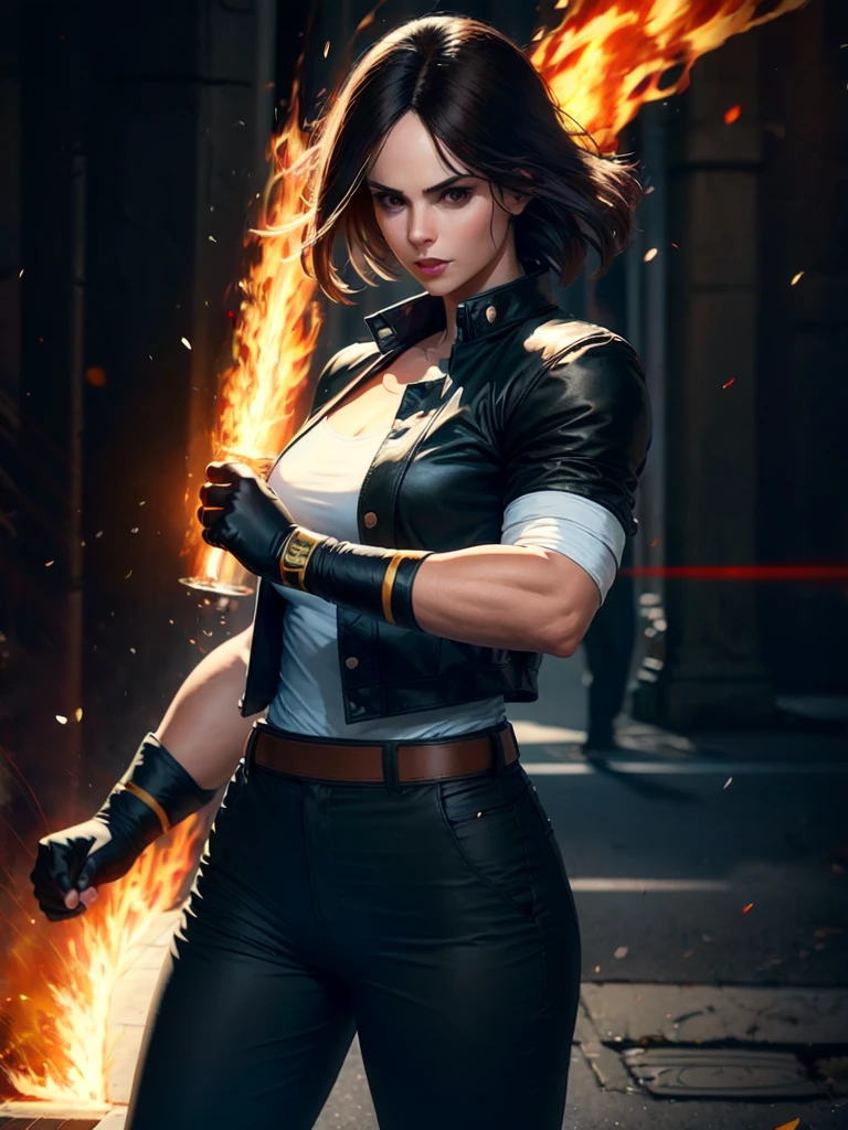 30-year-old woman, alone, alone, sexy, sensual, dark hair, white band on her forehead, white short-sleeved shirt, open black short-sleeved jacket, black hip pants, thin brown belt, wears fingerless gloves black color that covers almost his entire forearm, serious look looking at the viewer, fire coming out of his hand, cinematic, ultra sharp focus, award-winning photography, perfect contrast, high sharpness, depth of field, ultra detailed photography, global illumination, fluid, ultra High Definition, 8k, Unreal Engine 5, Ultra Sharp Focus, Award Winning Photography, Art Season Trends,
