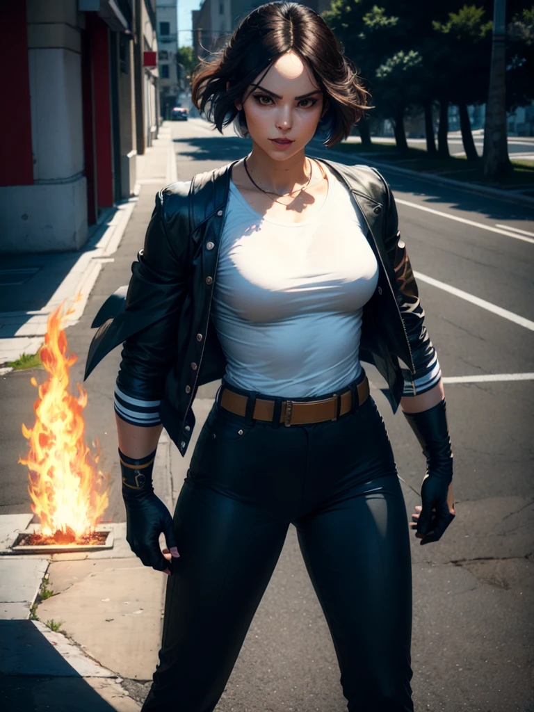 30-year-old woman, alone, alone, sexy, sensual, dark hair, white band on her forehead, white short-sleeved shirt, open black short-sleeved jacket, black hip pants, thin brown belt, wears fingerless gloves black color that covers almost his entire forearm, serious look looking at the viewer, fire coming out of his hand, cinematic, ultra sharp focus, award-winning photography, perfect contrast, high sharpness, depth of field, ultra detailed photography, global illumination, fluid, ultra High Definition, 8k, Unreal Engine 5, Ultra Sharp Focus, Award Winning Photography, Art Season Trends,
