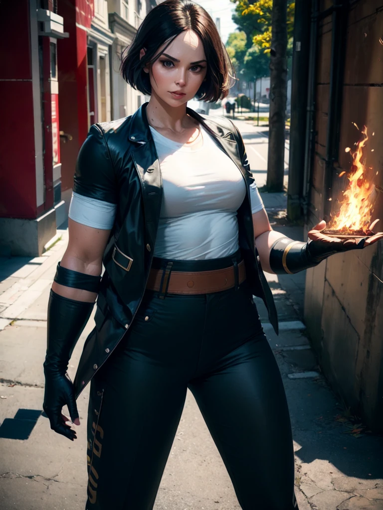 30-year-old woman, alone, alone, sexy, sensual, dark hair, white band on her forehead, white short-sleeved shirt, open black short-sleeved jacket, black hip pants, thin brown belt, wears fingerless gloves black color that covers almost his entire forearm, serious look looking at the viewer, fire coming out of his hand, cinematic, ultra sharp focus, award-winning photography, perfect contrast, high sharpness, depth of field, ultra detailed photography, global illumination, fluid, ultra High Definition, 8k, Unreal Engine 5, Ultra Sharp Focus, Award Winning Photography, Art Season Trends,
