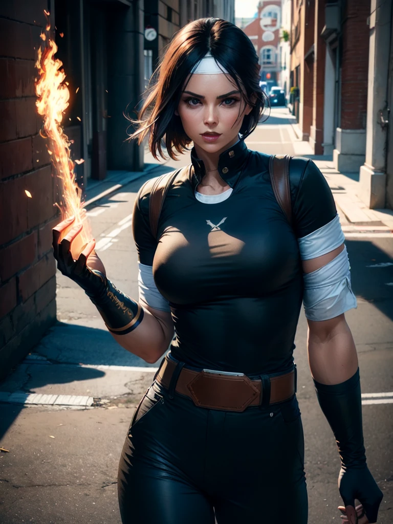 30-year-old woman, alone, alone, sexy, sensual, dark hair, white band on her forehead, white short-sleeved shirt, open black short-sleeved jacket, black hip pants, thin brown belt, wears fingerless gloves black color that covers almost his entire forearm, serious look looking at the viewer, fire coming out of his hand, cinematic, ultra sharp focus, award-winning photography, perfect contrast, high sharpness, depth of field, ultra detailed photography, global illumination, fluid, ultra High Definition, 8k, Unreal Engine 5, Ultra Sharp Focus, Award Winning Photography, Art Season Trends,
