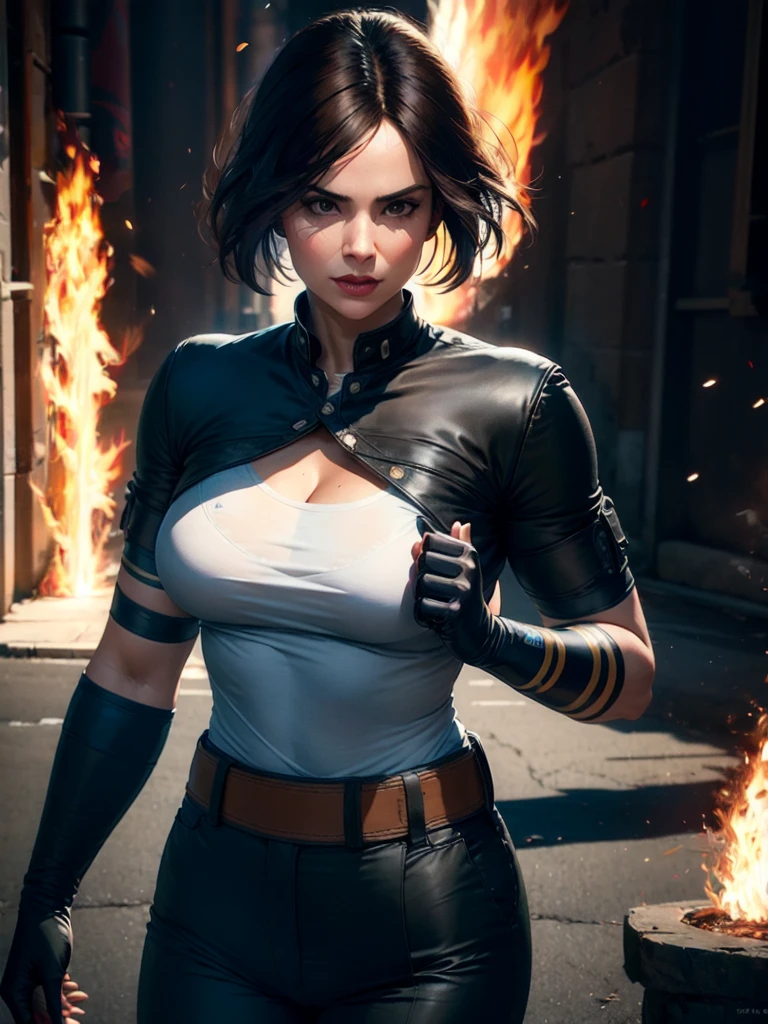 30-year-old woman, alone, alone, sexy, sensual, dark hair, white band on her forehead, white short-sleeved shirt, open black short-sleeved jacket, black hip pants, thin brown belt, wears fingerless gloves black color that covers almost his entire forearm, serious look looking at the viewer, fire coming out of his hand, cinematic, ultra sharp focus, award-winning photography, perfect contrast, high sharpness, depth of field, ultra detailed photography, global illumination, fluid, ultra High Definition, 8k, Unreal Engine 5, Ultra Sharp Focus, Award Winning Photography, Art Season Trends,
