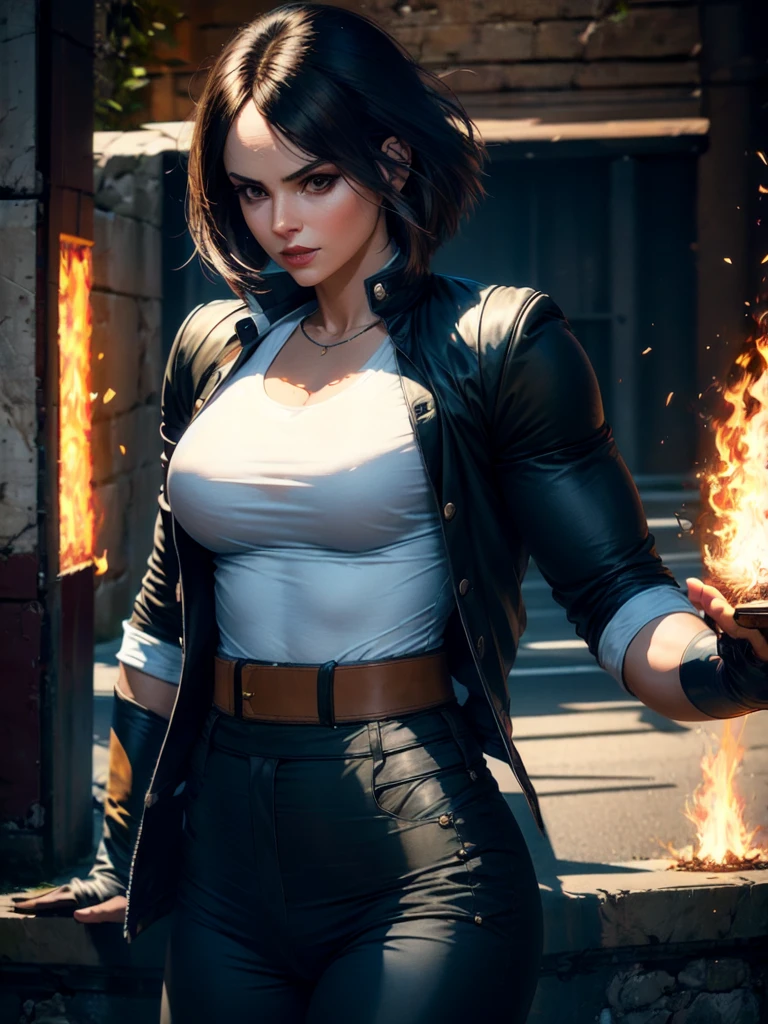 30-year-old woman, alone, alone, sexy, sensual, dark hair, white band on her forehead, white short-sleeved shirt, open black short-sleeved jacket, black hip pants, thin brown belt, wears fingerless gloves black color that covers almost his entire forearm, serious look looking at the viewer, fire coming out of his hand, cinematic, ultra sharp focus, award-winning photography, perfect contrast, high sharpness, depth of field, ultra detailed photography, global illumination, fluid, ultra High Definition, 8k, Unreal Engine 5, Ultra Sharp Focus, Award Winning Photography, Art Season Trends,
