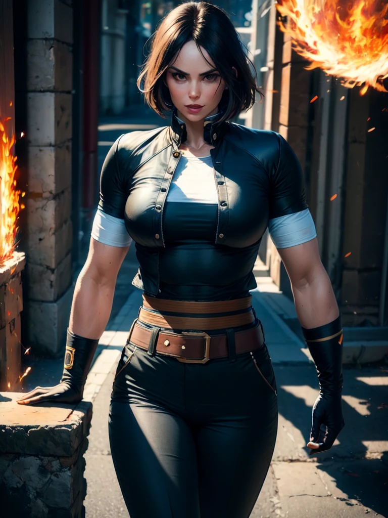 30-year-old woman, alone, alone, sexy, sensual, dark hair, white band on her forehead, white short-sleeved shirt, open black short-sleeved jacket, black hip pants, thin brown belt, wears fingerless gloves black color that covers almost his entire forearm, serious look looking at the viewer, fire coming out of his hand, cinematic, ultra sharp focus, award-winning photography, perfect contrast, high sharpness, depth of field, ultra detailed photography, global illumination, fluid, ultra High Definition, 8k, Unreal Engine 5, Ultra Sharp Focus, Award Winning Photography, Art Season Trends,
