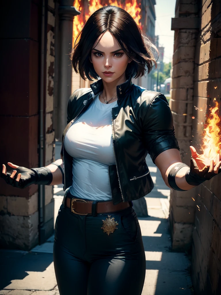 30-year-old woman, alone, alone, sexy, sensual, dark hair, white band on her forehead, white short-sleeved shirt, open black short-sleeved jacket, black hip pants, thin brown belt, wears fingerless gloves black color that covers almost his entire forearm, serious look looking at the viewer, fire coming out of his hand, cinematic, ultra sharp focus, award-winning photography, perfect contrast, high sharpness, depth of field, ultra detailed photography, global illumination, fluid, ultra High Definition, 8k, Unreal Engine 5, Ultra Sharp Focus, Award Winning Photography, Art Season Trends,
