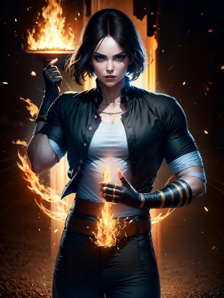 30-year-old woman, alone, alone, sexy, sensual, dark hair, white band on her forehead, white short-sleeved shirt, wears a black short-sleeved jacket, black pants at her hips, thin brown belt at her waist, wears black fingerless gloves that cover almost his entire forearm, serious look looking at the viewer, fire coming out of his hand, cinematic, ultra-sharp focus, award-winning photography, perfect contrast, high sharpness, depth of field, ultra-detailed photography, global illumination, fluid, ultra high definition, 8k, Unreal Engine 5, ultra-sharp focus, award-winning photography, art season trends,
