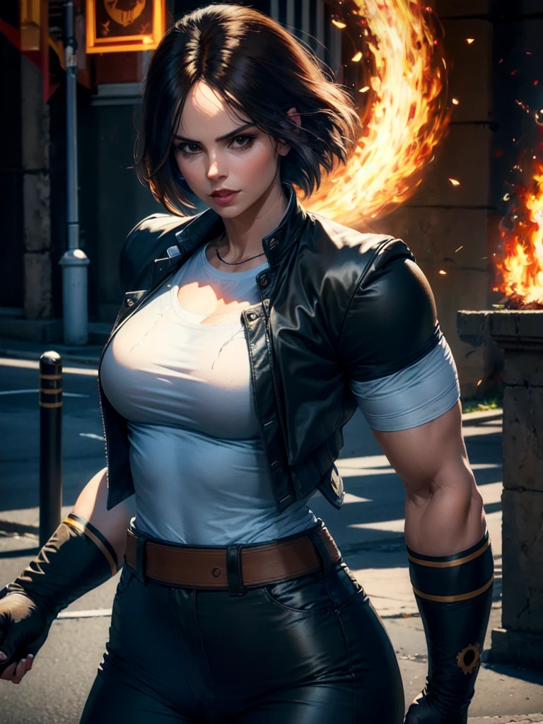 30-year-old woman, alone, alone, sexy, sensual, dark hair, white band on her forehead, white short-sleeved shirt, wears a black short-sleeved jacket, black pants at her hips, thin brown belt at her waist, wears black fingerless gloves that cover almost his entire forearm, serious look looking at the viewer, fire coming out of his hand, cinematic, ultra-sharp focus, award-winning photography, perfect contrast, high sharpness, depth of field, ultra-detailed photography, global illumination, fluid, ultra high definition, 8k, Unreal Engine 5, ultra-sharp focus, award-winning photography, art season trends,
