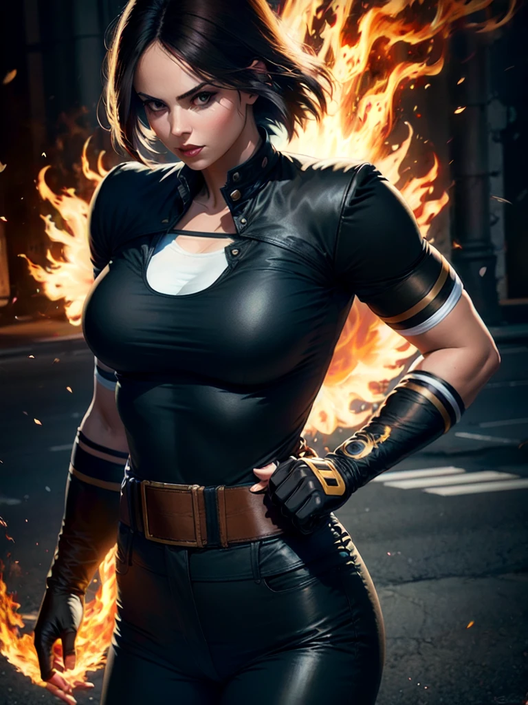 30-year-old woman, alone, alone, sexy, sensual, dark hair, white band on her forehead, white short-sleeved shirt, wears a black short-sleeved jacket, black pants at her hips, thin brown belt at her waist, wears black fingerless gloves that cover almost his entire forearm, serious look looking at the viewer, fire coming out of his hand, cinematic, ultra-sharp focus, award-winning photography, perfect contrast, high sharpness, depth of field, ultra-detailed photography, global illumination, fluid, ultra high definition, 8k, Unreal Engine 5, ultra-sharp focus, award-winning photography, art season trends,
