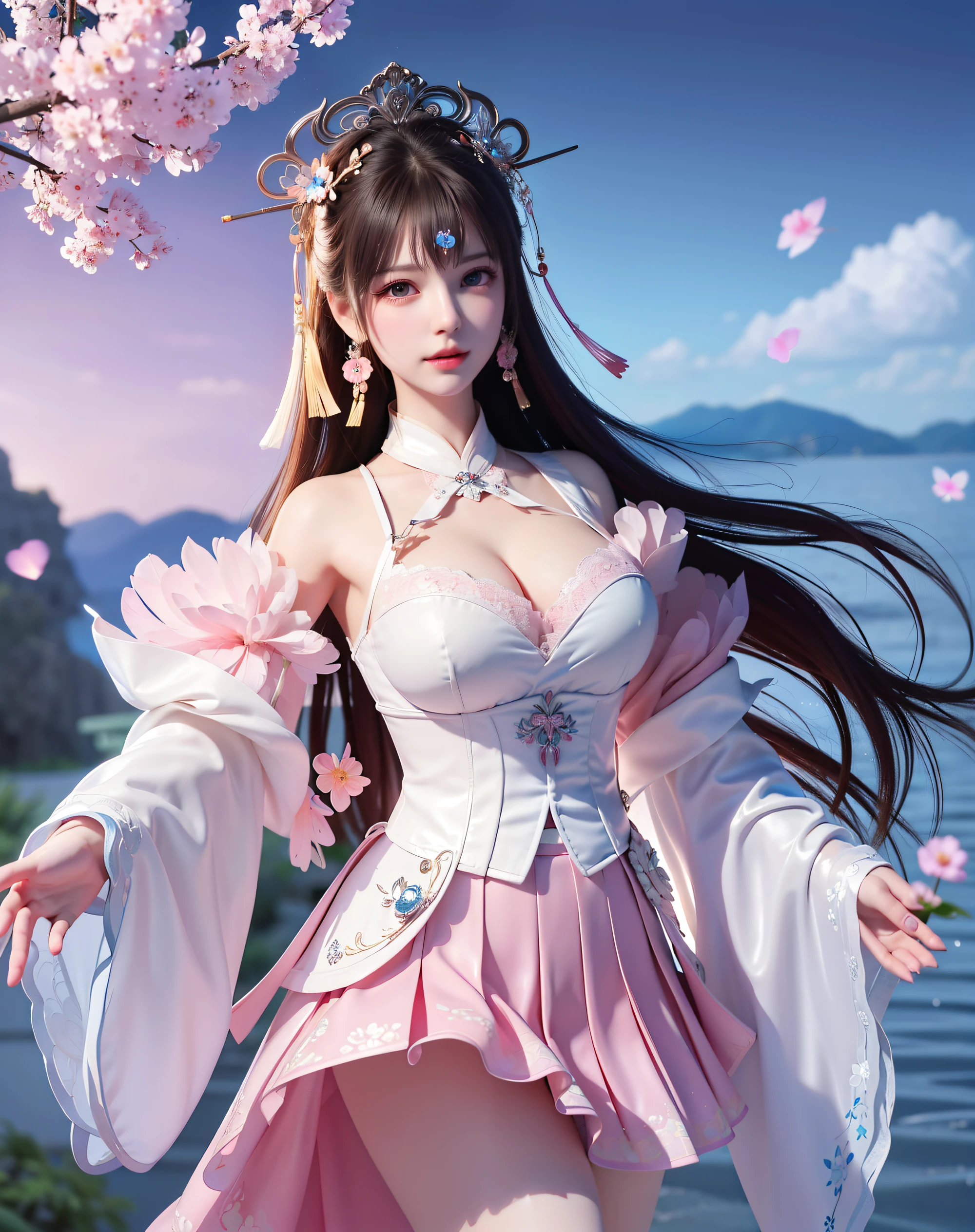 (8k, RAW photo:1.2), best quality, ultra high res,dramatic angle,(fluttered detailed color splashs), (illustration),(((1 girl))),(long hair),(rain:0.9), (Headdress:1.4),There is an ancient palace beside the girl,Hanfu,(Key Points),Color ink painting,(Splash of Color),Splash of Color,(((colorful))),(sketch:0.8) , Masterpiece, best quality, beautiful painted, highly detailed,(denoising:0.6),[splash ink],((ink refraction)), (beautiful detailed sky),moon,highly,detaild,(masterpiece, best quality, extremely detailed） CG Unity 8k Wallpaper，masterpiece，best quality，Ultra Detailed），（Lycoris）.shoulder ballet dress open V-chested clothes Thin silk lace dress short skirt , (huge ，cleavage),, white pink, blue ，best qualtiy，tmasterpiece，Ultra-high resolution，（Reality：1.4），RAW photogr，（True skin texture：1.3），（filmgrain：1.3），（Selfie angle），1个Giant Breast Girl，Beautiful eye and face details，tmasterpiece，Best quality at best，，The chest more exposed， detailed hair, bra pink , detail 8k, full body, lace petticoat. play guzheng