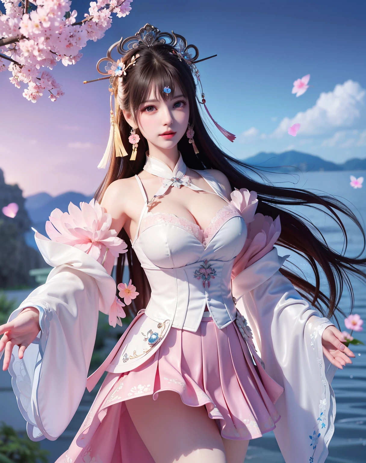 (8k, RAW photo:1.2), best quality, ultra high res,dramatic angle,(fluttered detailed color splashs), (illustration),(((1 girl))),(long hair),(rain:0.9), (Headdress:1.4),There is an ancient palace beside the girl,Hanfu,(Key Points),Color ink painting,(Splash of Color),Splash of Color,(((colorful))),(sketch:0.8) , Masterpiece, best quality, beautiful painted, highly detailed,(denoising:0.6),[splash ink],((ink refraction)), (beautiful detailed sky),moon,highly,detaild,(masterpiece, best quality, extremely detailed） CG Unity 8k Wallpaper，masterpiece，best quality，Ultra Detailed），（Lycoris）.shoulder ballet dress open V-chested clothes Thin silk lace dress short skirt , (huge ，cleavage),, white pink, blue ，best qualtiy，tmasterpiece，Ultra-high resolution，（Reality：1.4），RAW photogr，（True skin texture：1.3），（filmgrain：1.3），（Selfie angle），1个Giant Breast Girl，Beautiful eye and face details，tmasterpiece，Best quality at best，，The chest more exposed， detailed hair, bra pink , detail 8k, full body, lace petticoat. play guzheng