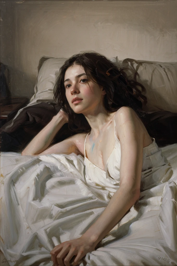 oil painting of a woman lying on a bed with a white sheet, ((ONE WOMAN ONLY)) Nick Alm, Jeremy Lipking, range murata Jeremy Lipk...