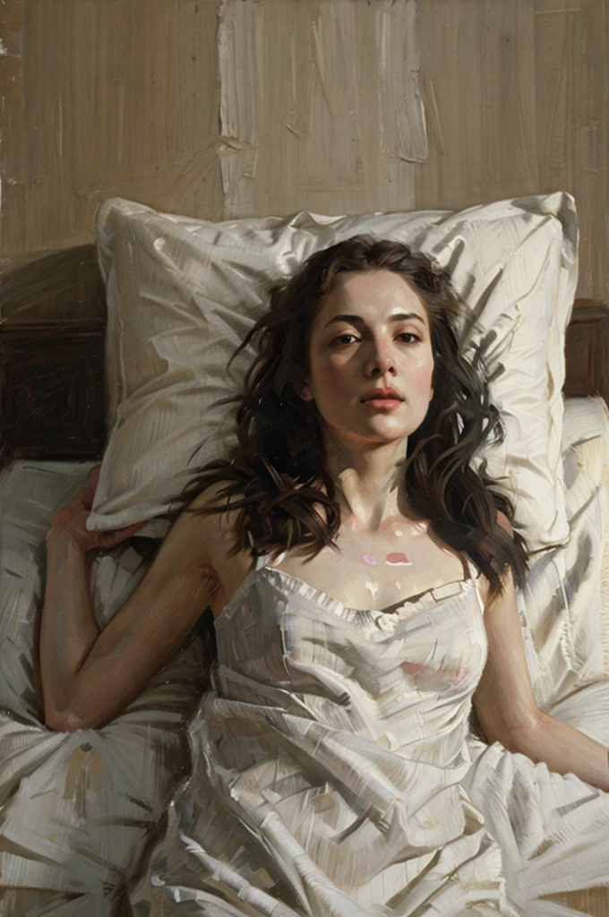 oil painting of a woman lying on a bed with a white sheet, ((ONE WOMAN ONLY)) Nick Alm, Jeremy Lipking, range murata Jeremy Lipk...