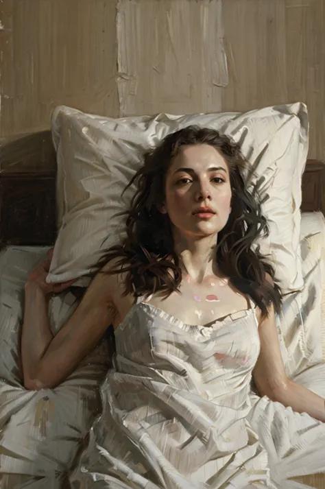 oil painting of a woman lying on a bed with a white sheet, ((one woman only)) nick alm, jeremy lipking, range murata jeremy lipk...