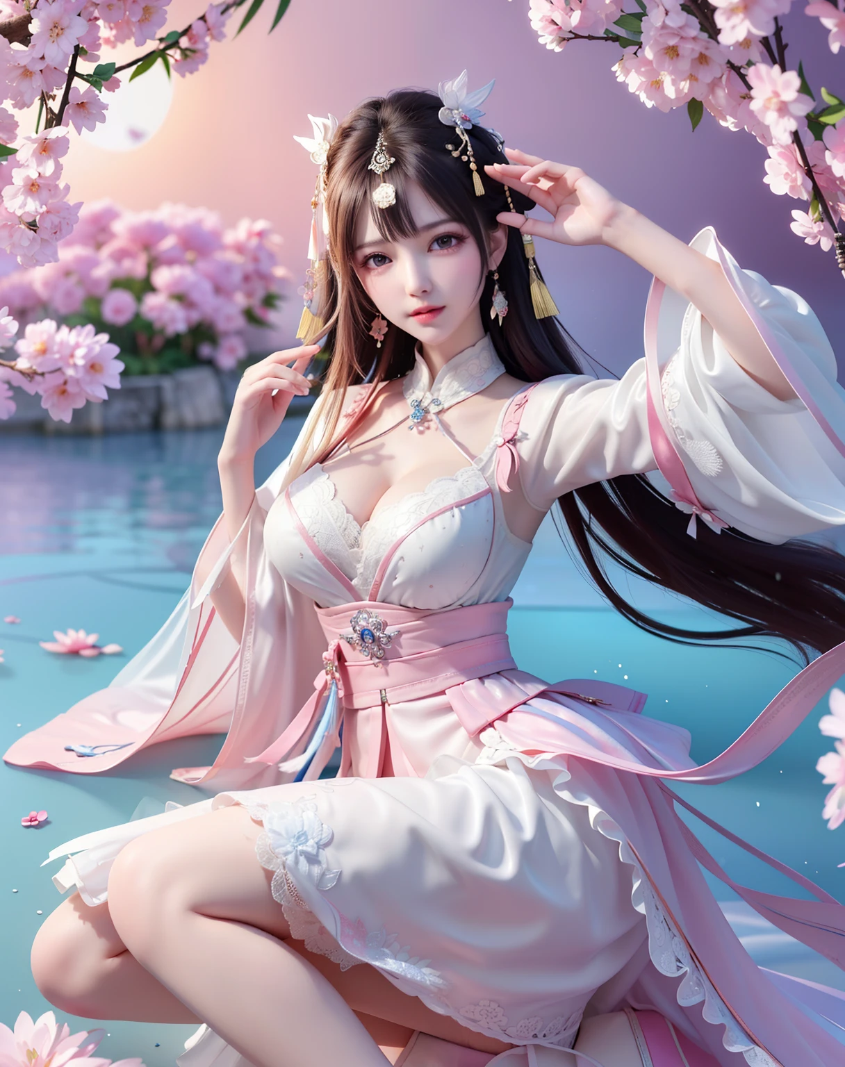 (8k, RAW photo:1.2), best quality, ultra high res,dramatic angle,(fluttered detailed color splashs), (illustration),(((1 girl))),(long hair),(rain:0.9), (Headdress:1.4),There is an ancient palace beside the girl,Hanfu,(Key Points),Color ink painting,(Splash of Color),Splash of Color,(((colorful))),(sketch:0.8) , Masterpiece, best quality, beautiful painted, highly detailed,(denoising:0.6),[splash ink],((ink refraction)), (beautiful detailed sky),moon,highly,detaild,(masterpiece, best quality, extremely detailed） CG Unity 8k Wallpaper，masterpiece，best quality，Ultra Detailed），（Lycoris）.shoulder ballet dress open V-chested clothes Thin silk lace dress short skirt , (huge ，cleavage),, white pink, blue ，best qualtiy，tmasterpiece，Ultra-high resolution，（Reality：1.4），RAW photogr，（True skin texture：1.3），（filmgrain：1.3），（Selfie angle），1个Giant Breast Girl，Beautiful eye and face details，tmasterpiece，Best quality at best，，The chest more exposed， detailed hair, bra pink , detail 8k, full body, lace petticoat. play guzheng