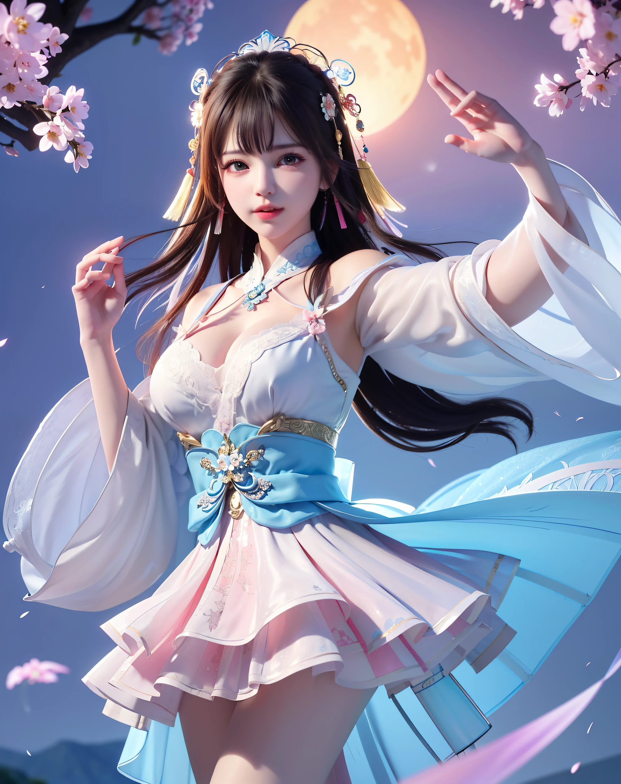 (8k, RAW photo:1.2), best quality, ultra high res,dramatic angle,(fluttered detailed color splashs), (illustration),(((1 girl))),(long hair),(rain:0.9), (Headdress:1.4),There is an ancient palace beside the girl,Hanfu,(Key Points),Color ink painting,(Splash of Color),Splash of Color,(((colorful))),(sketch:0.8) , Masterpiece, best quality, beautiful painted, highly detailed,(denoising:0.6),[splash ink],((ink refraction)), (beautiful detailed sky),moon,highly,detaild,(masterpiece, best quality, extremely detailed） CG Unity 8k Wallpaper，masterpiece，best quality，Ultra Detailed），（Lycoris）.shoulder ballet dress open V-chested clothes Thin silk lace dress short skirt , (huge ，cleavage),, white pink, blue ，best qualtiy，tmasterpiece，Ultra-high resolution，（Reality：1.4），RAW photogr，（True skin texture：1.3），（filmgrain：1.3），（Selfie angle），1个Giant Breast Girl，Beautiful eye and face details，tmasterpiece，Best quality at best，，The chest more exposed， detailed hair, bra pink , detail 8k, full body, lace petticoat. play guzheng