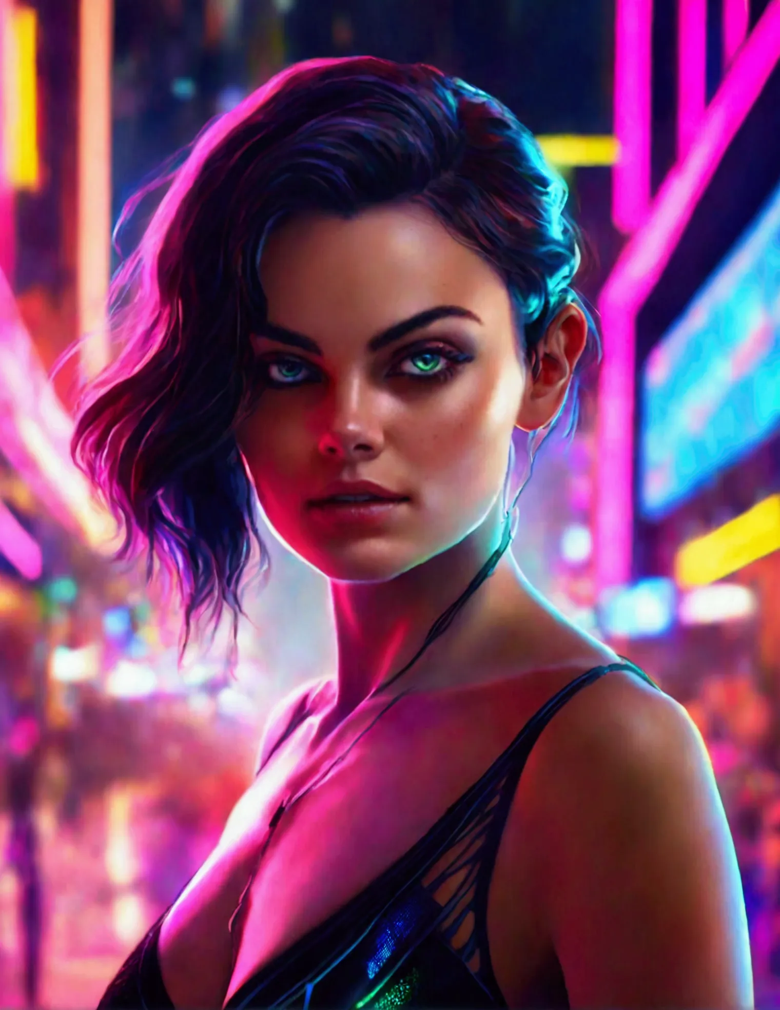 mila kunis,20 years old,skimpy outfit,playful,cyberpunk city,neon lights,high-tech,futuristic cityscape,detailed face,beautiful ...