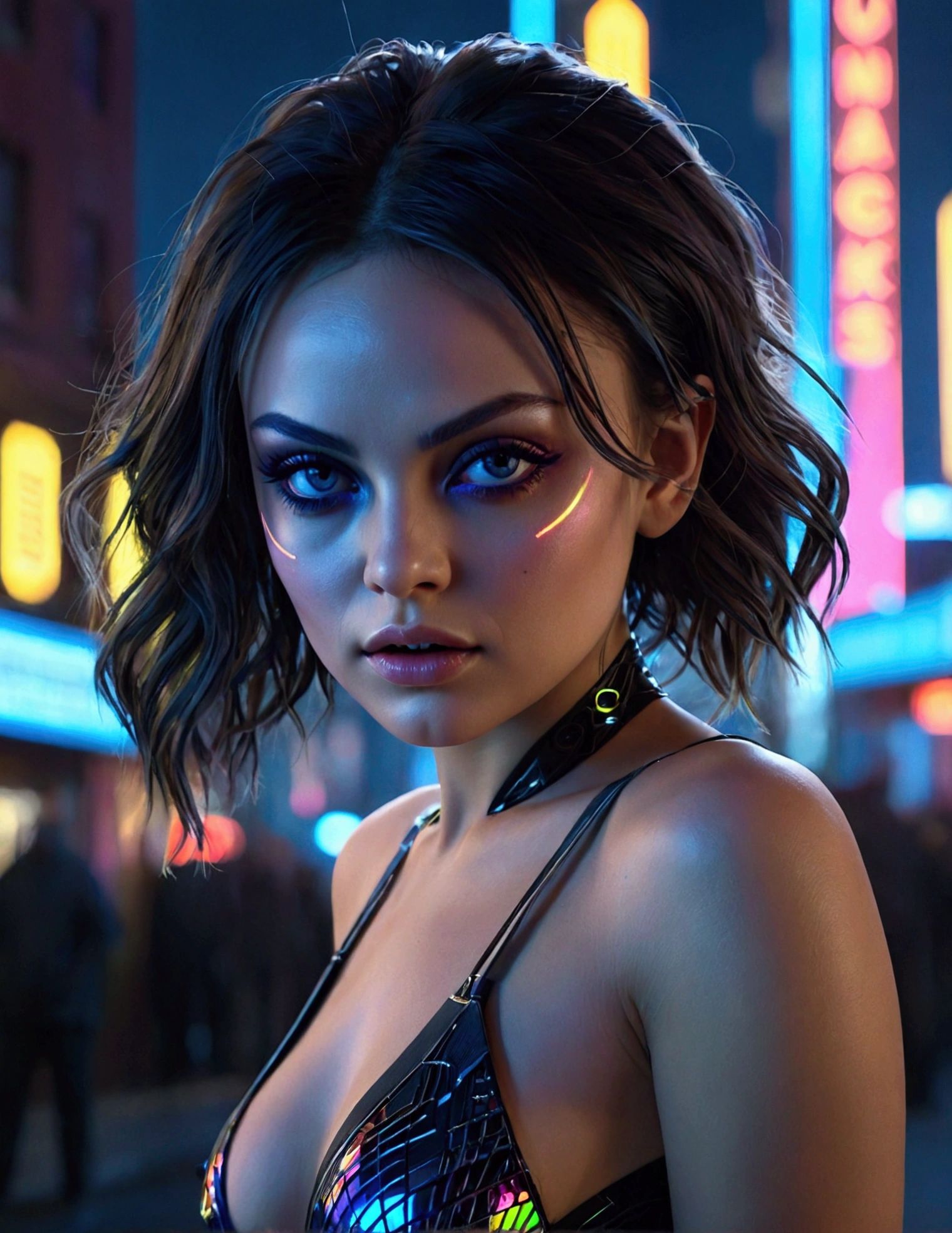 Mila Kunis,20 years old,skimpy outfit,playful,cyberpunk city,neon lights,high-tech,futuristic cityscape,detailed face,beautiful eyes,long eyelashes,detailed facial features,flawless skin,dynamic pose,graceful movements,ultrarealistic,cinematic lighting,vibrant colors,8k,photorealistic,Ray tracing,volumetric lighting,dramatic shadows
