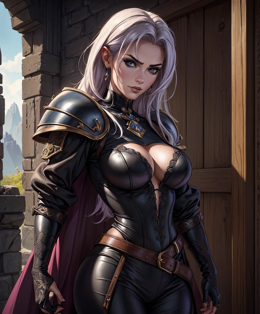 score_9, score_8_up, score_8,  (((Single character image.))) (((1girl))) (((Solo))) (((Dressed in medieval fantasy attire.)))   (((She wears medieval fantasy attire.))) 18 years old. 18yoThis is a fantasy character portrait. Design a dangerous and sleek female mercenary for a fantasy setting. This is a ruthless mercenary who is dark and sneaky. She looks like a femme fatale in leather clothes. The clothes are black with purple trim and she has a darkly attractive appearance. (((The colors in the image are dark and muted.))) Her hair is long and white and in an exotic style. She is powerful, dangerous and a slender and sleek figure in a dark fantasy setting. Firm breasts. Alluring appearance. Seductive. Dangerously sexy. She wears form-fitting armor, gorgeous face, Dungeons & Dragons character portrait, intricate details, ultra detailed, very intense appearance, ultra detailed clothes, epic masterpiece, ultra detailed, intricate details, award winning, fantasy art concept masterpiece, trending on Artstation, digital art, unreal engine, 8k, ultra HD, centered image, best quality, official art, beautiful and aesthetic:1.2), extreme detailed, colorful, highest detailed, best quality:1.0,hyperealistic:1.0,photorealistic:1.0,madly detailed CG unity 8k wallpaper:1.0,masterpiece:1.3,madly detailed photo:1.2, hyper-realistic lifelike texture:1.4, picture-perfect:1.0,8k, HQ,best quality:1.0, .