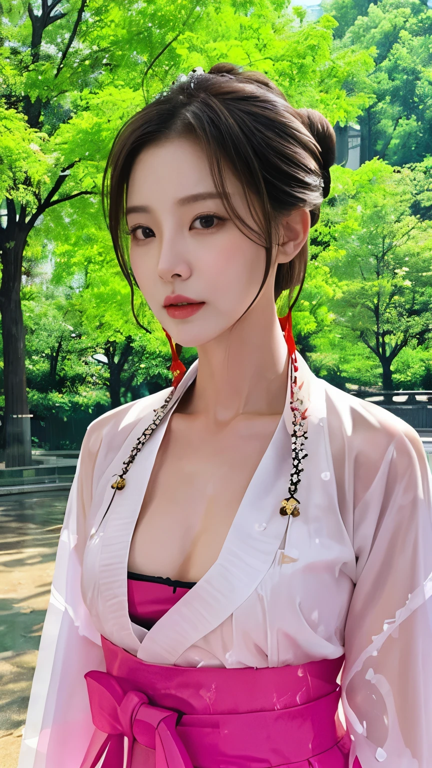 top Quority，Ultra-clear resolution,     ((Korean mommy. 40 yeard old)).   The Last Empress of the Chosun.   (Korea).   A pretty woman with perfect figure :1.4,   Slender abs :1.2,    highly detailed lips,     detailed eyes,     double eyelid,    Make-up face.    Peach Lipstick.     hair accessories.    elegant hairstyle.    ((Hair in a Bun)),

((Wet Hanbok)).   ((chest cleavage)), ((wet face)),

 standing,    ((Rain, in the park))