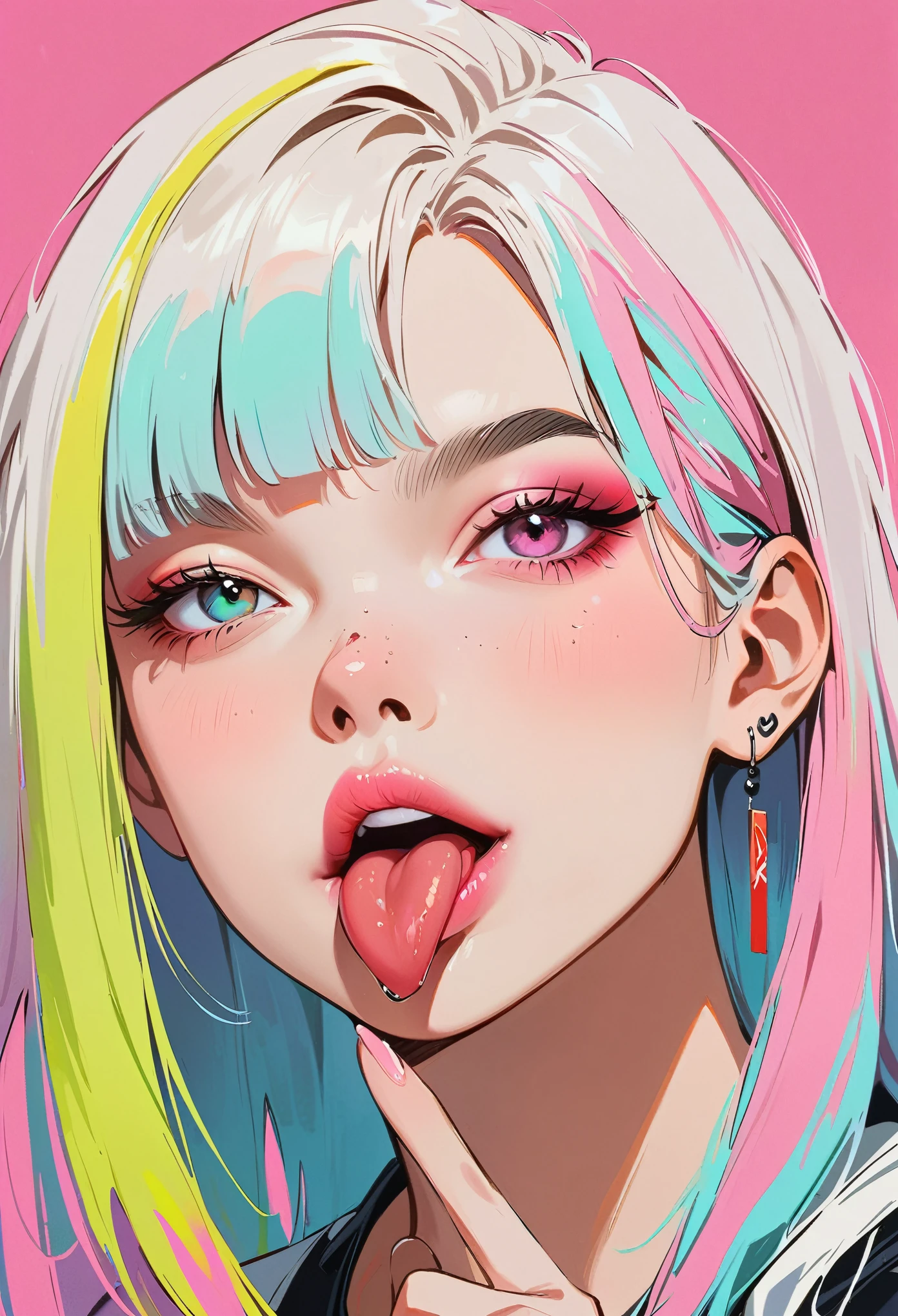 (obra de arte, melhor qualidade:1.2), 1 garota, só, estilo anime, Heterochromia, sorrindo, lábios rosados, Coloque sua lingua pra fora, Garanhão de língua, Maquiagem estilo cyberpunk, cabelo de cor diferente, destaques, franja longa de um lado, Fundo roxo e rosa.