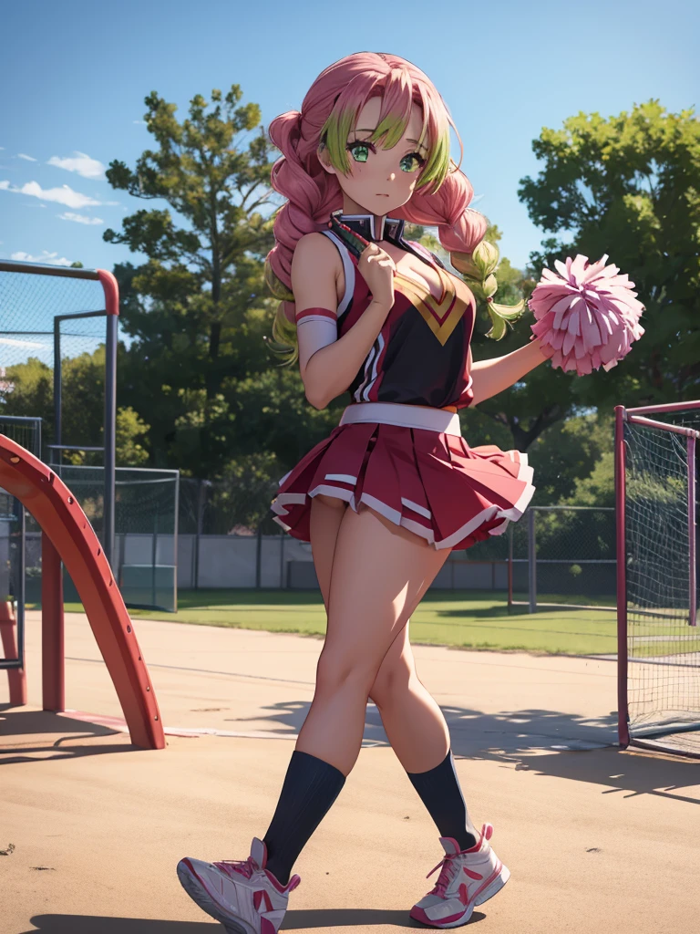 Mitsuri in demon slayer anime, 1woman, as a cheerleader, wearing cheerleader outfit, at a playground, mitsuri's hair style, 8k, high detailed, high quality