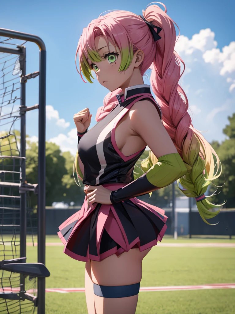 Mitsuri in demon slayer anime, 1woman, as a cheerleader, wearing cheerleader outfit, at a playground, mitsuri's hair style, 8k, high detailed, high quality