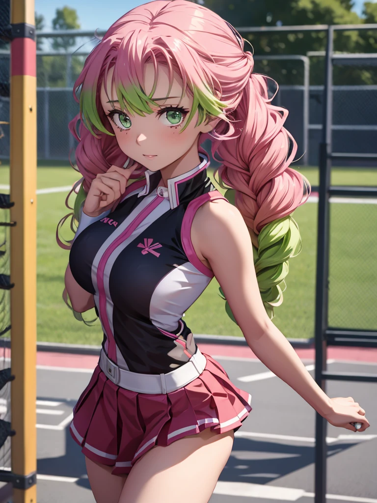 Mitsuri in demon slayer anime, 1woman, as a cheerleader, wearing cheerleader outfit, at a playground, mitsuri's hair style, 8k, high detailed, high quality