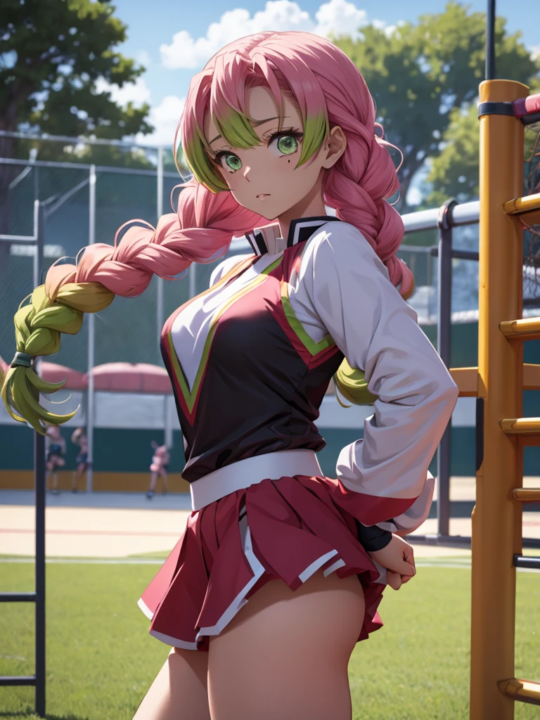 Mitsuri in demon slayer anime, 1woman, as a cheerleader, wearing cheerleader outfit, at a playground, mitsuri's hair style, 8k, high detailed, high quality