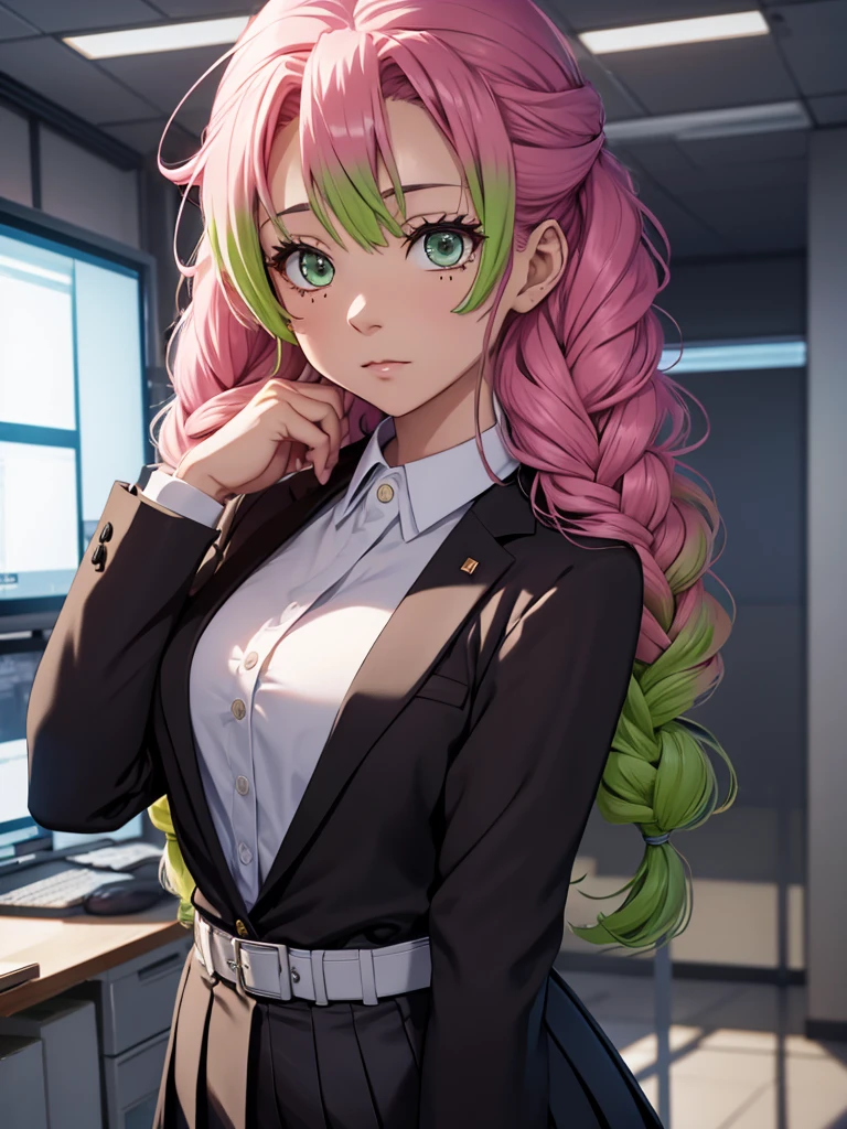 Mitsuri in demon slayer anime, 1woman, as an office lady, wearing office suit, black colour tight skirt, at an office, mitsuri's hair style, 8k, high detailed, high quality