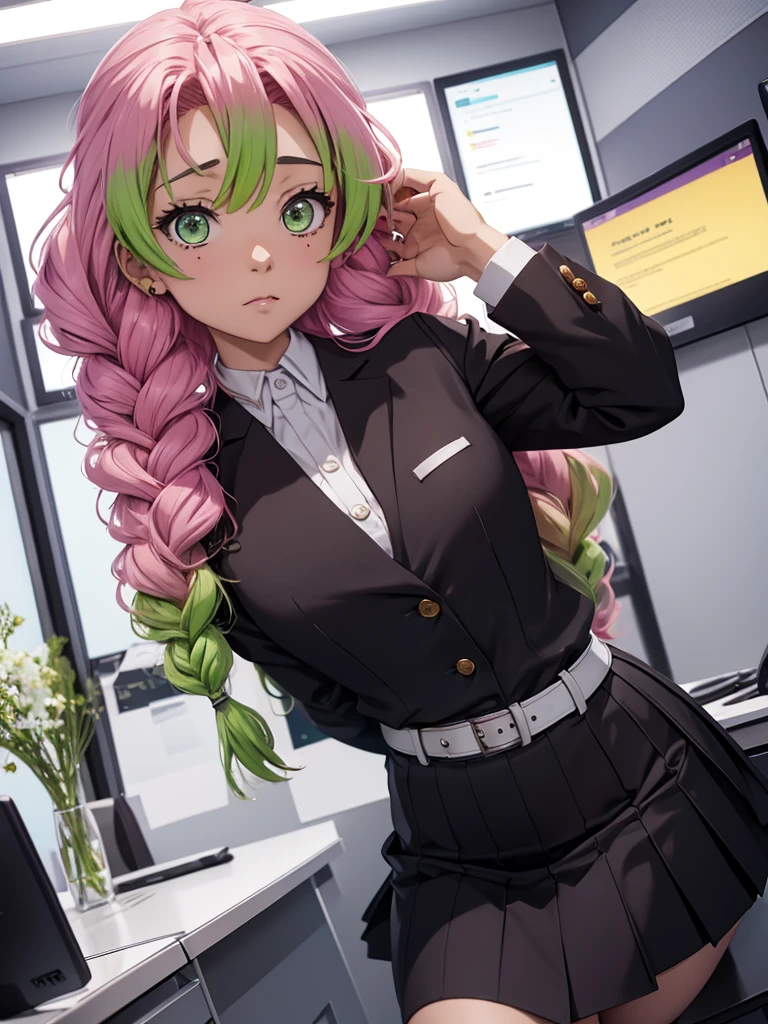 Mitsuri in demon slayer anime, 1woman, as an office lady, wearing office suit, black colour tight skirt, at an office, mitsuri's hair style, 8k, high detailed, high quality