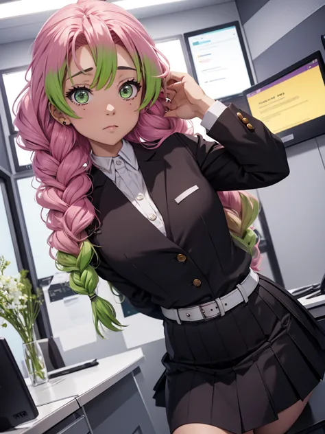 Mitsuri in demon slayer anime, 1woman, as an office lady, wearing office suit, black colour tight skirt, at an office, mitsuri's...