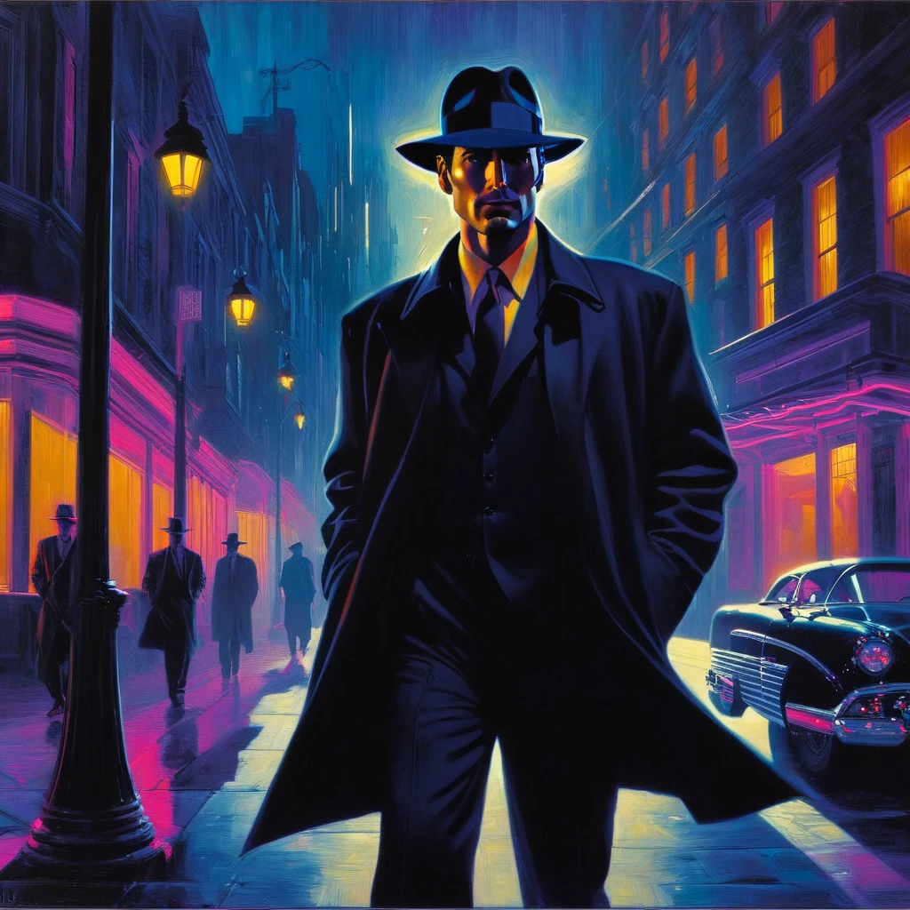 una pintura de un hombre con traje y sombrero caminando por una calle, Neo - Negro style, neo negro style, Neo-Noir, Neo - Negro, neo negro, detective negro and a fedora, John Watkiss, detective negro, Neo - Negroe, estilo de tim hildebrandt, estilo de raymond swanland, Diseño de personajes del mundo del cine negro.